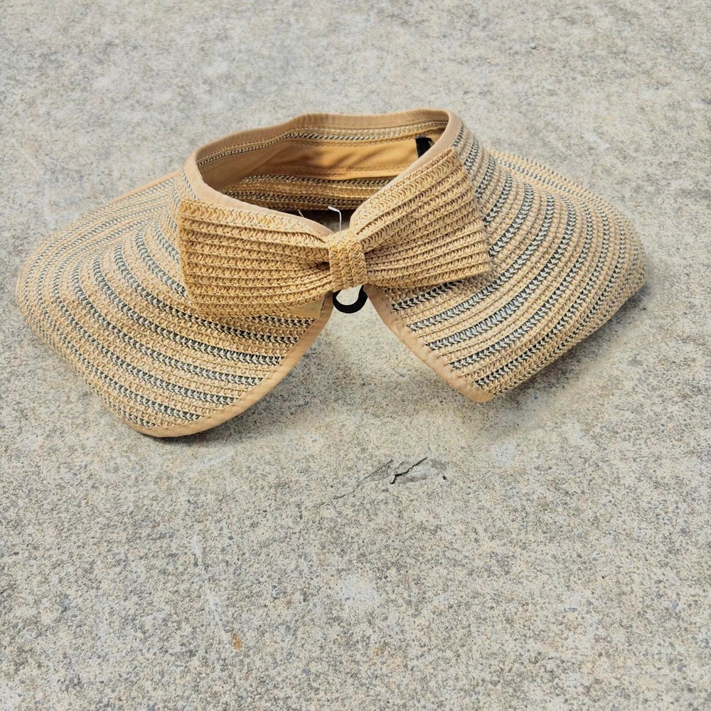 Preppy Cream and tan straw visor with bow detail